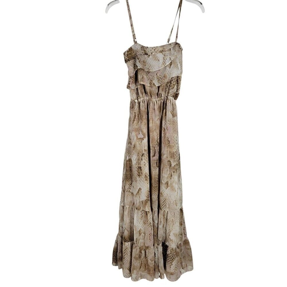 Express snake print chiffon tiered maxi dress Med metallic adjust strap empire